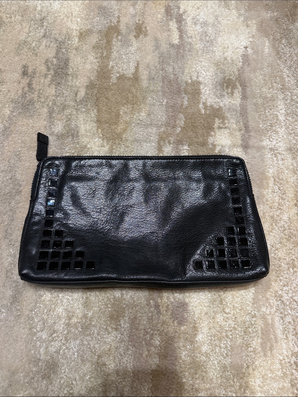 MILLY Black Leather Studded Zip Clutch Bag